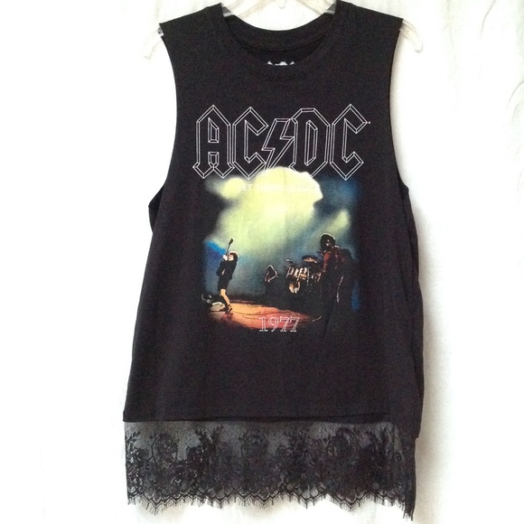 AC/DC Tops - AC DC Let There Be Rock 1977 Sleeveless Lace Top Women's Small Cotton Band Tee